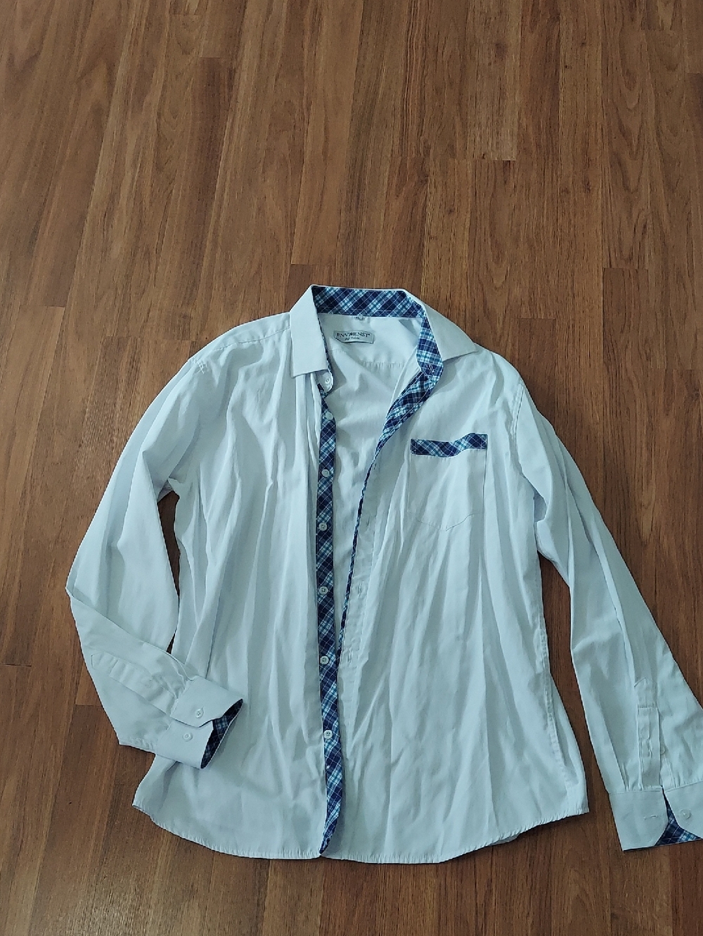 Men's White Button-Down Shirt with Blue Plaid Trim